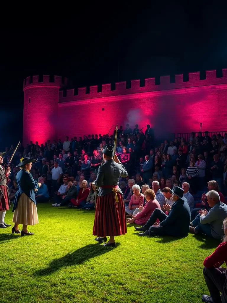 A photograph of a special event at Fort Louvois, such as a historical reenactment or a concert, with many people attending.