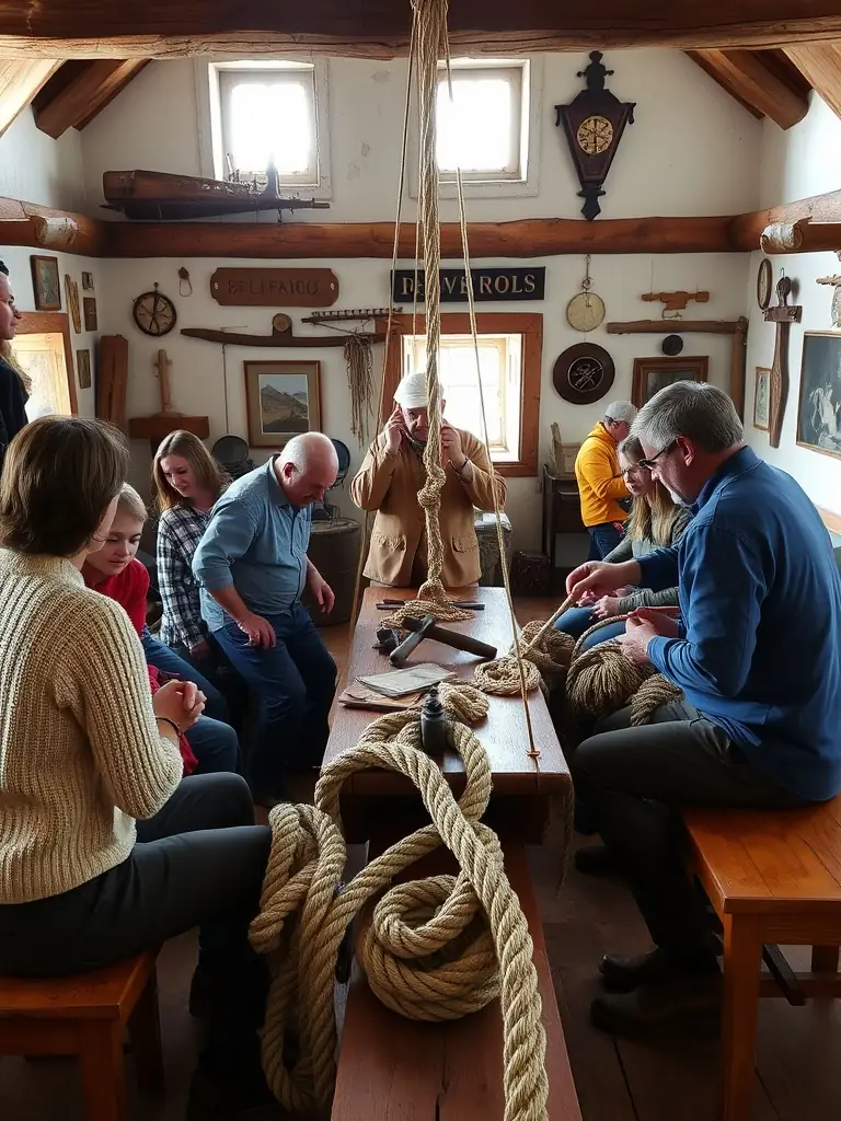 A photograph of participants in a historical workshop at Fort Louvois, learning about traditional maritime skills.
