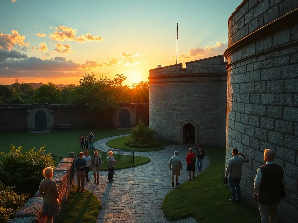 A scenic image of Fort Louvois at sunset, with visitors enjoying a guided tour of the grounds.