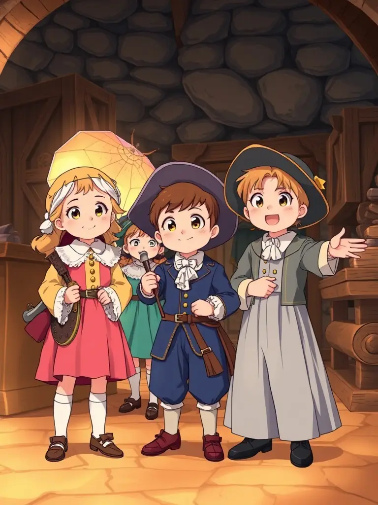 A photograph of children participating in a historical reenactment at Fort Louvois, dressed in period costumes and interacting with historical artifacts.