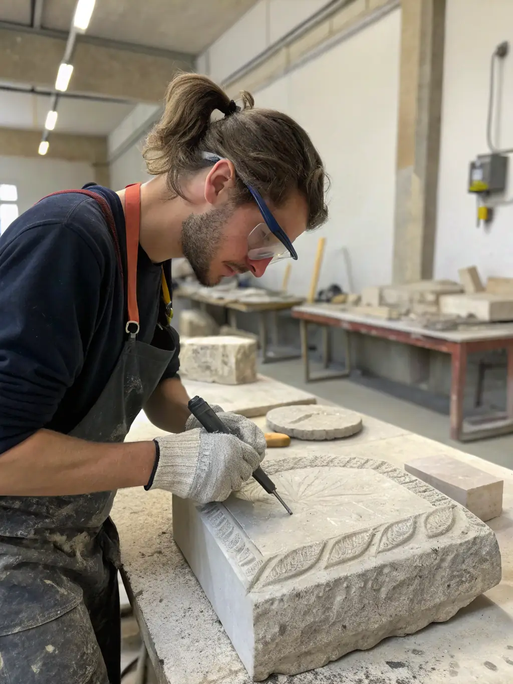 A photograph of participants in a stone carving workshop at Fort Louvois, learning traditional techniques from a skilled artisan.