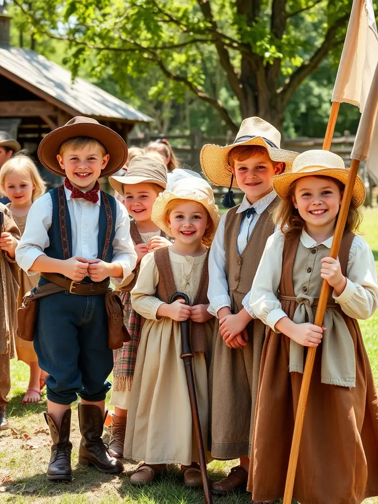 A photograph of a group of children participating in a historical reenactment at Fort Louvois, dressed in period costumes and interacting with artifacts, showcasing the educational aspect of the programs.