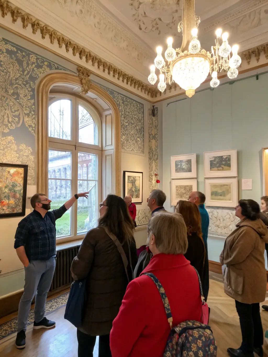 A photograph of a guided tour group inside Fort Louvois, with a guide explaining the history of the fort to a group of attentive visitors.